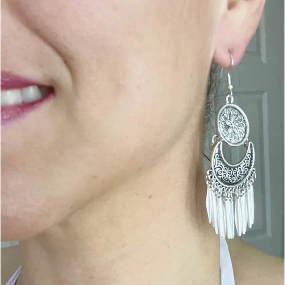 Exotically Shimmering Silver Metal Tasseled Medallion Chandelier Drop Earrings - Picture 12 of 15